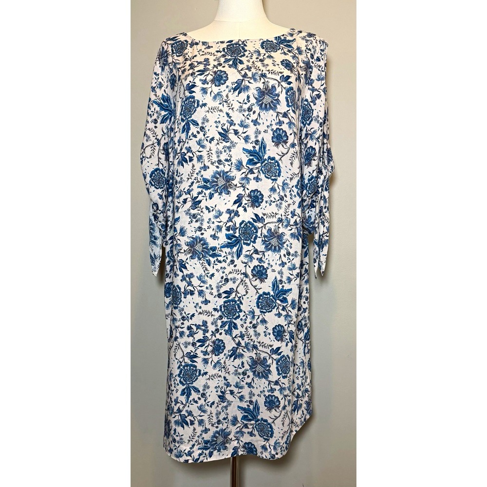 H&M Women's White Blue Floral Round Neck Tie Sleeve Shift Dress 14 Knee NWOT